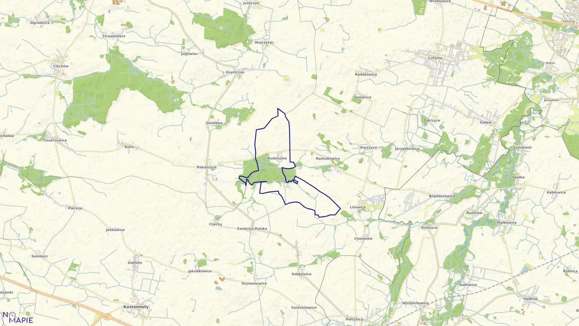 Mapa obrębu Budziszów w gminie Kostomłoty